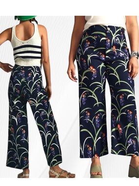 Anthropologie Navy Floral Wide-Leg Pants